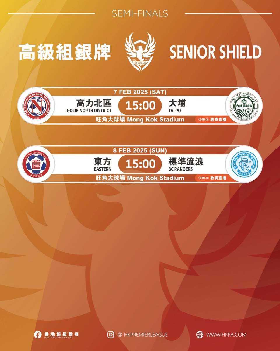 Semi-finalists go head to head this weekend at MKS, with Golik North District vs Tai Po on Sat and Eastern vs BC Rangers on Sun, both kicking off at 3pm.#hkfootball