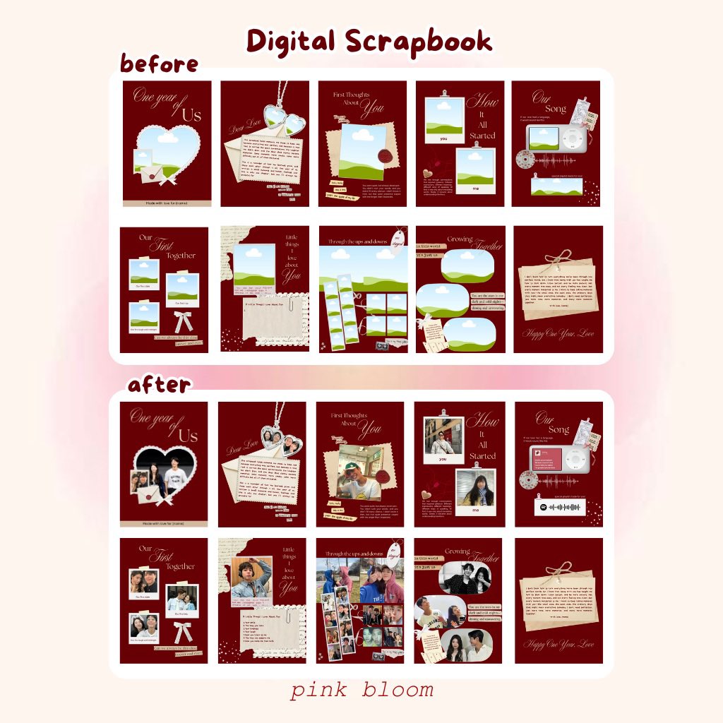 one year already, and every moment still matters 🤍
perfect for keeping memories that feel too special to forget.

a digital scrapbook you can personalize on Canva Free,
made for your stories, your moments, your love.

💌 template ; lynk.id/pinkbloom