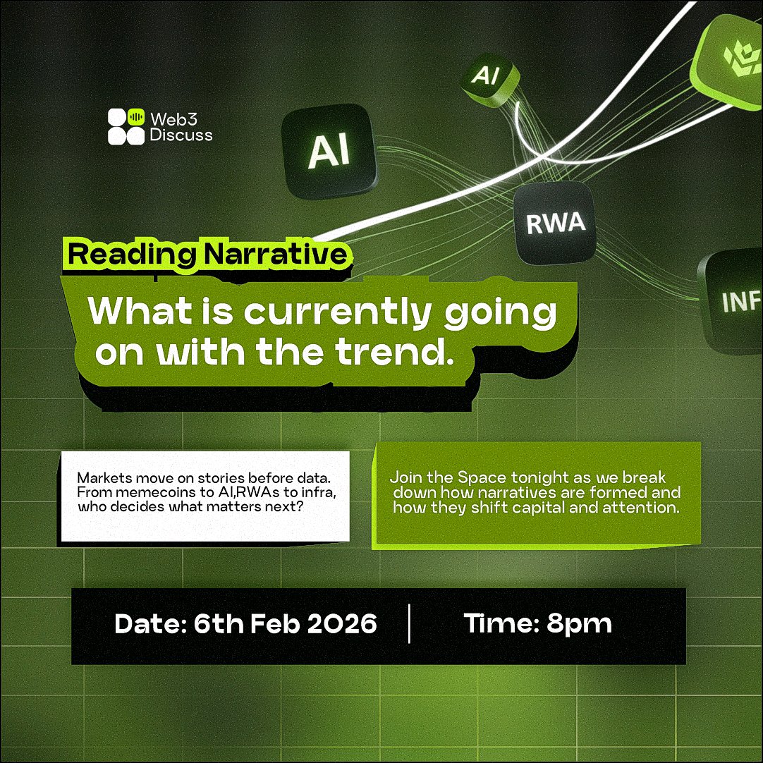 Web3Discuss's tweet photo. Markets don’t move on charts alone,

they move on stories. 

Join us tonight at 8pm as we break down how narratives are formed,

 how they attract attention and capital, 

and how to read the signal before the hype. https://t.co/As1dutZvmy
