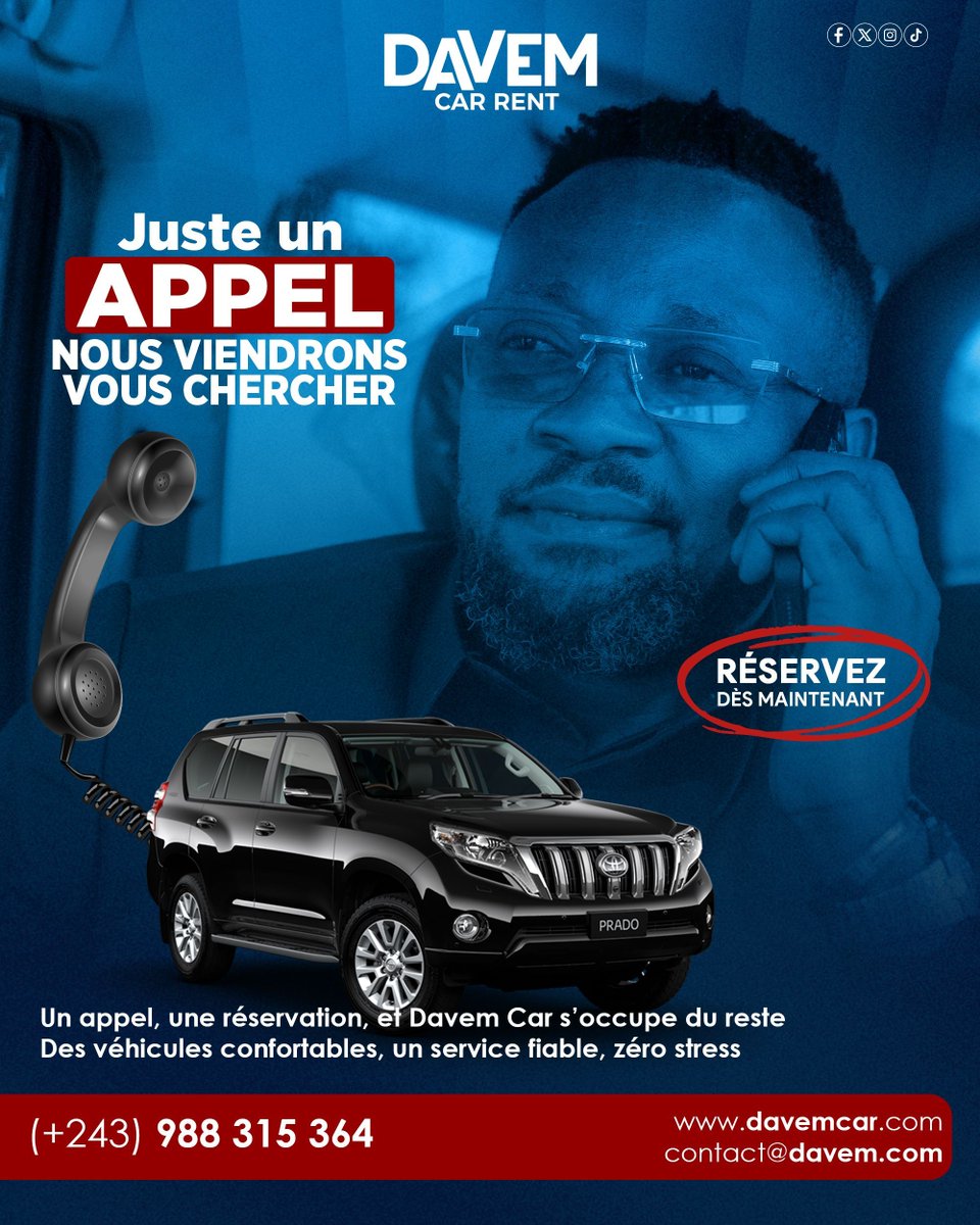 Davem_car's tweet image. Pourquoi vous déplacer quand Davem Car peut venir à vous ?
Un appel, une réservation, et nous nous occupons du reste.
Des véhicules confortables, un service fiable, zéro stress.

#DavemCar  #LocationDeVoiture #Confort #Sécurité #Ponctualité #Kinshasa #SécuritéRoutière