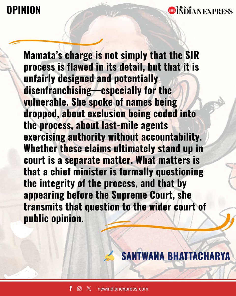 NewIndianXpress's tweet photo. #OPINION | Mamata Banerjee appearing before the Supreme Court in person is a moment that speaks to the perils of our times. It goes beyond one individual, one party, one election, writes Editor, TNIE, @santwana99.

https://t.co/ErAbzK0xUk https://t.co/7zBZHNU1di