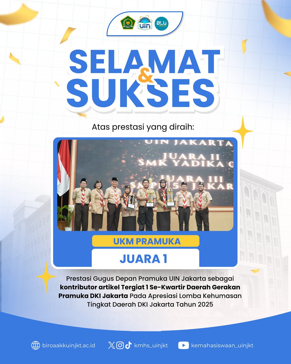 Halo Sobat Kemasis 🙌

Kabar membanggakan kembali datang dari dunia prestasi mahasiswa! Selamat dan sukses untuk UKM Pramuka Gugus Depan Pramuka UIN Jakarta atas raihan luar biasanya sebagai Juara 1 Kontributor Artikel Tergiat 1 Se-Kwartir Daerah Gerakan Pramuka DKI Jakarta.
