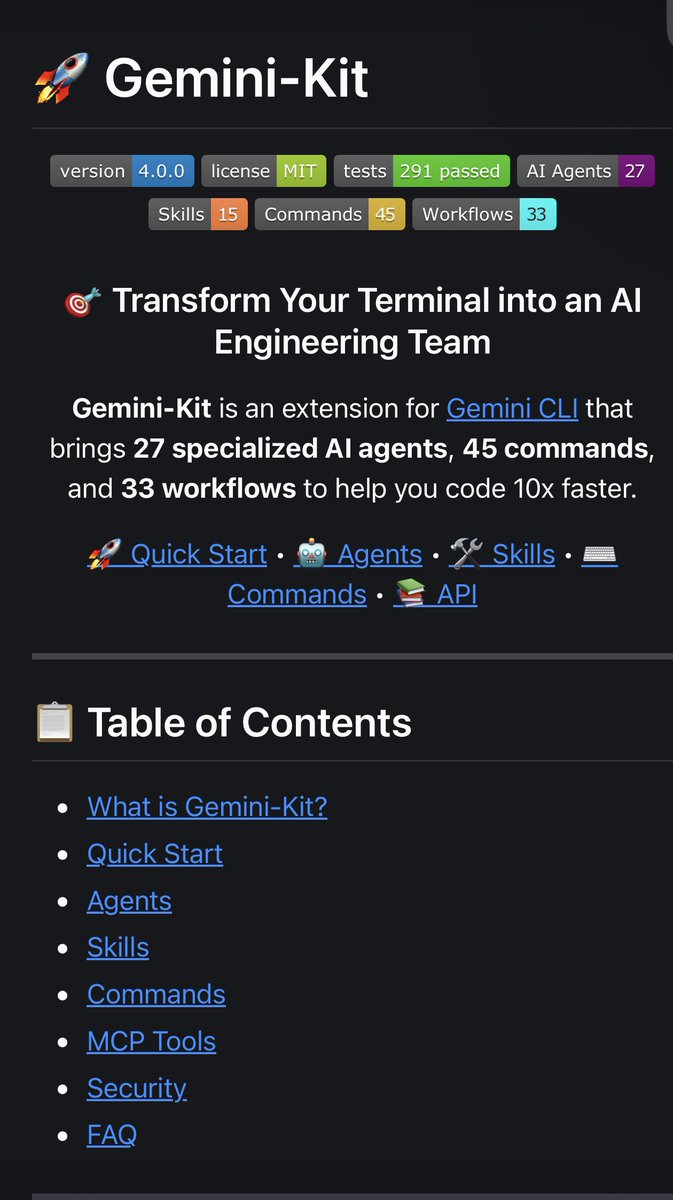 mstf_yldzzz's tweet image. Şöyle bir repo keşfettim, açıkçası beklediğimden çok daha dolu çıktı:

gemini-kit

Repo’nun içi net olarak şunlardan oluşuyor:

•27 hazır agent (planner, coder, tester,           
   reviewer, security, devops, frontend.        
    backend, db, mobile vs.)

•15 skill modülü