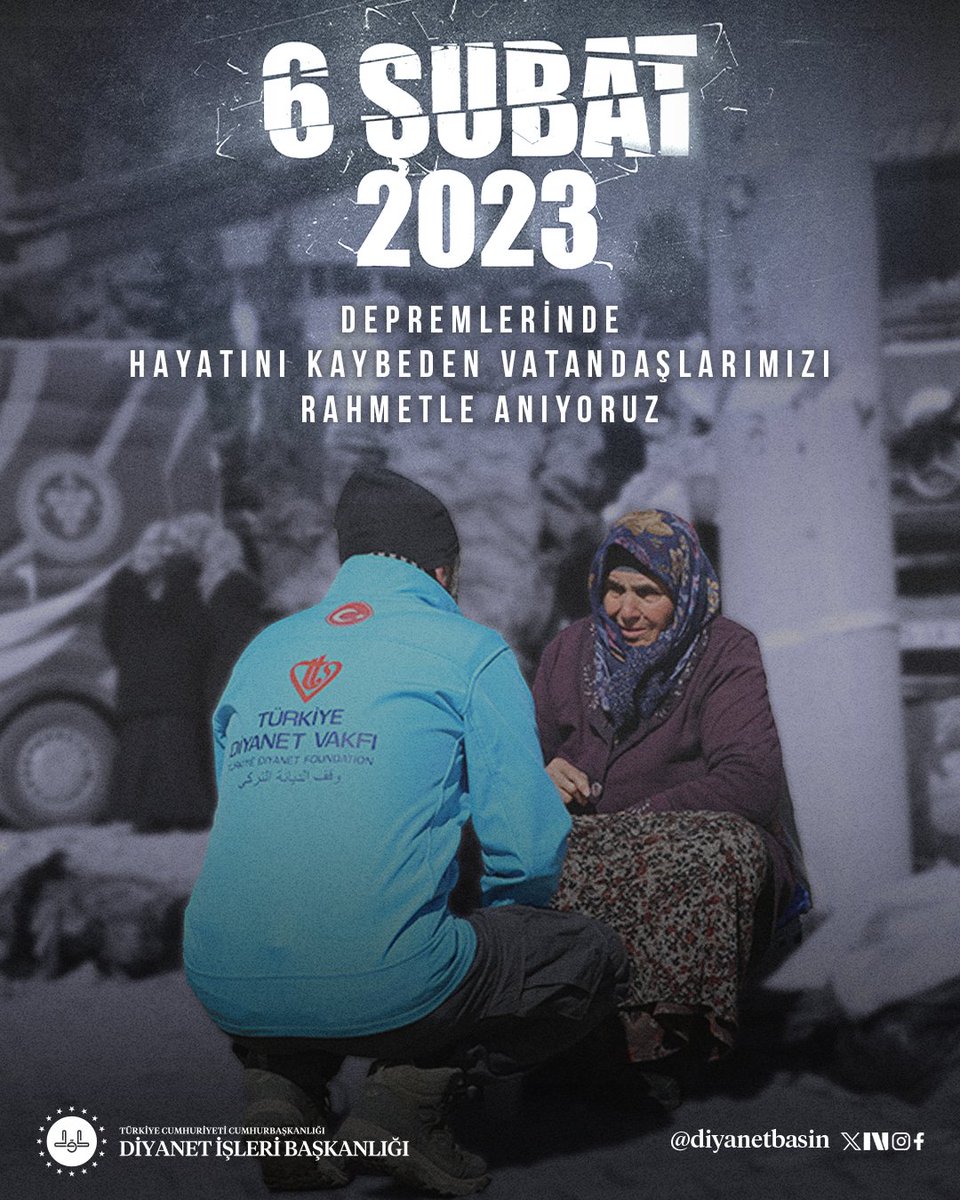 diyanetbasin's tweet photo. Kahramanmaraş merkezli 6 Şubat depremlerinin üçüncü yıl dönümünde ebediyete uğurladığımız vatandaşlarımıza Allah’tan rahmet; geride kalan yakınlarına ve aziz milletimize tekraren başsağlığı ve sabır diliyoruz. 

Yüce Rabbimiz, ülkemizi ve tüm insanlığı her türlü afetten muhafaza etsin, bir daha böyle acılar yaşatmasın.
