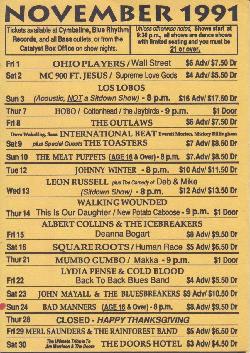 With the fate of The Catalyst, one of Santa Cruz's, Ca. live music venues, in the balance, this post looks back to the pre-internet days when <a href="/CatalystClub/">Catalyst Santa Cruz</a>
would mail out its announcements. This from Nov. 1991. #ThrowbackThursday
<a href="/BadMannersTour/">Bad Manners Official</a> <a href="/LosLobosBand/">Los Lobos</a>
