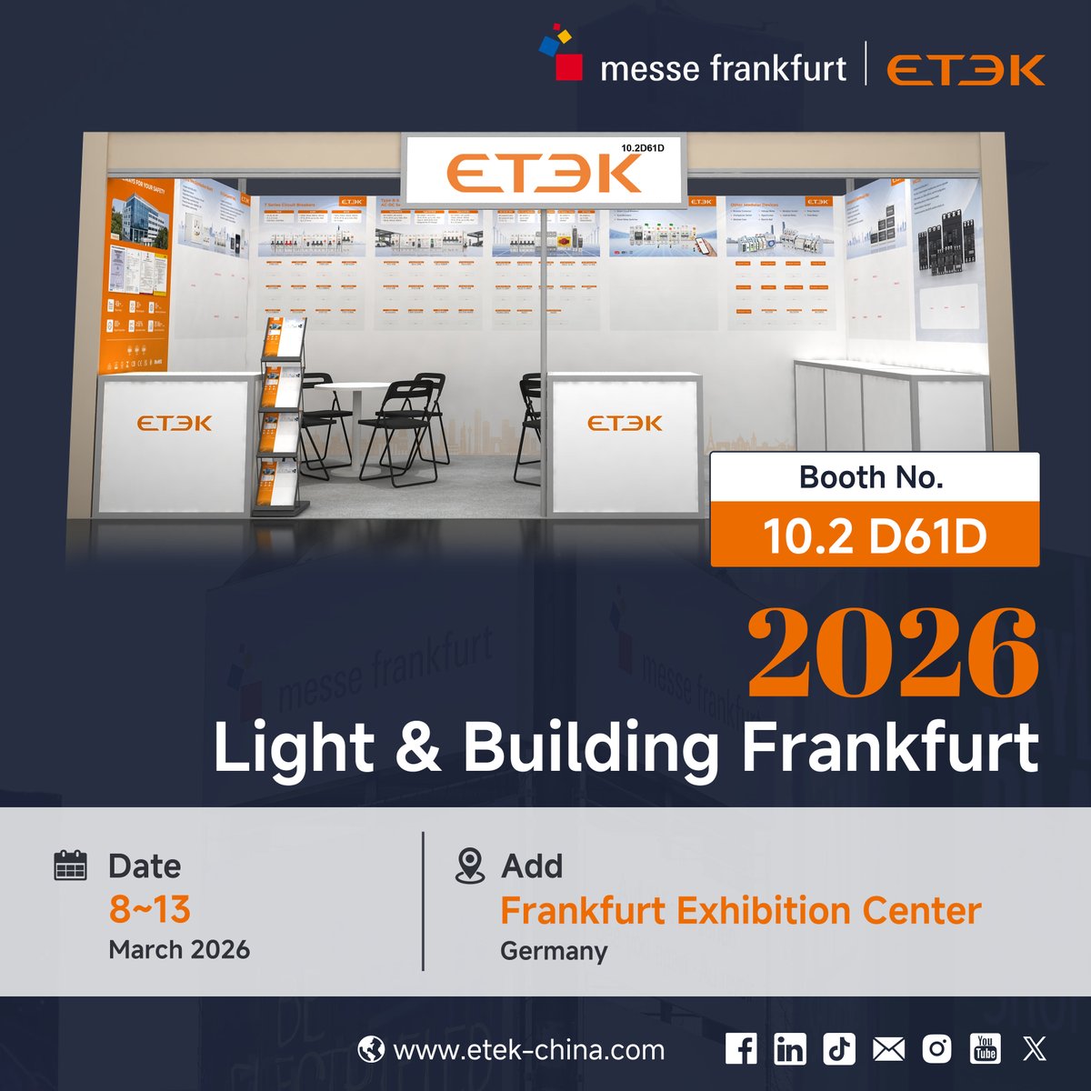 yyy_etek's tweet image. ETEK Electric will be at Light &amp;amp; Building Frankfurt 2026 🇩🇪
📍 Booth 10.2 D61D | Mar 8–13
Let’s meet and talk electrical solutions.
📧 market@etek-china.com
🌐 etek-china.com
#etekelectric #electricalindustry #lightandbuilding