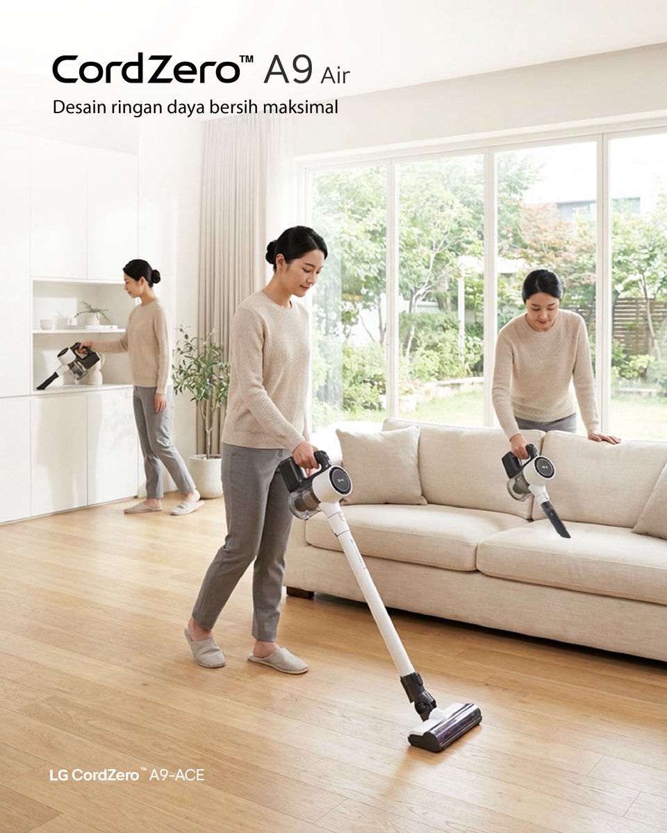Membersihkan rumah jadi lebih mudah saat setiap sudut bisa dijangkau tanpa usaha berlebih.

LG CordZero™️ A9 Air hadir dengan desain ringan dan fleksibel, memungkinkan Anda membersihkan lantai, kursi, hingga area jendela dengan nyaman. Daya hisap yang kuat membantu mengangkat