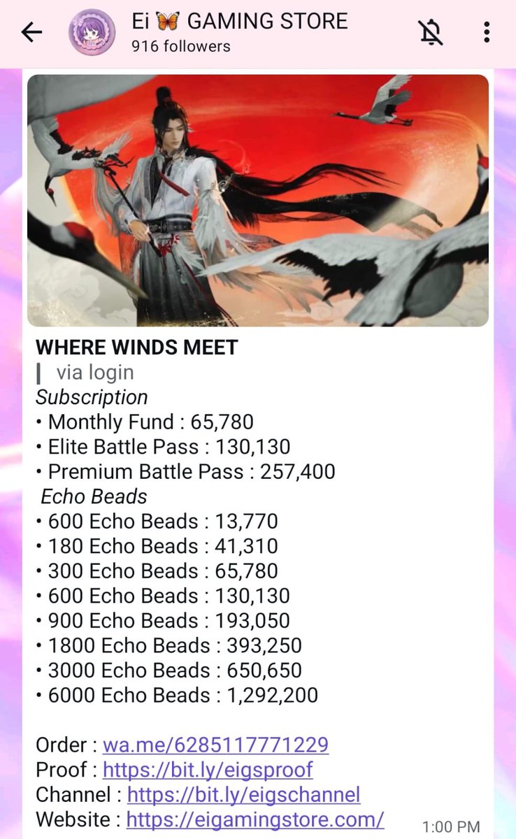 WHERE WINDS MEET
via login 

_Subscription_ 
• Monthly Fund : 65,780
• Elite Battle Pass : 130,130
• Premium Battle Pass : 257,400
#zonauang #wwm