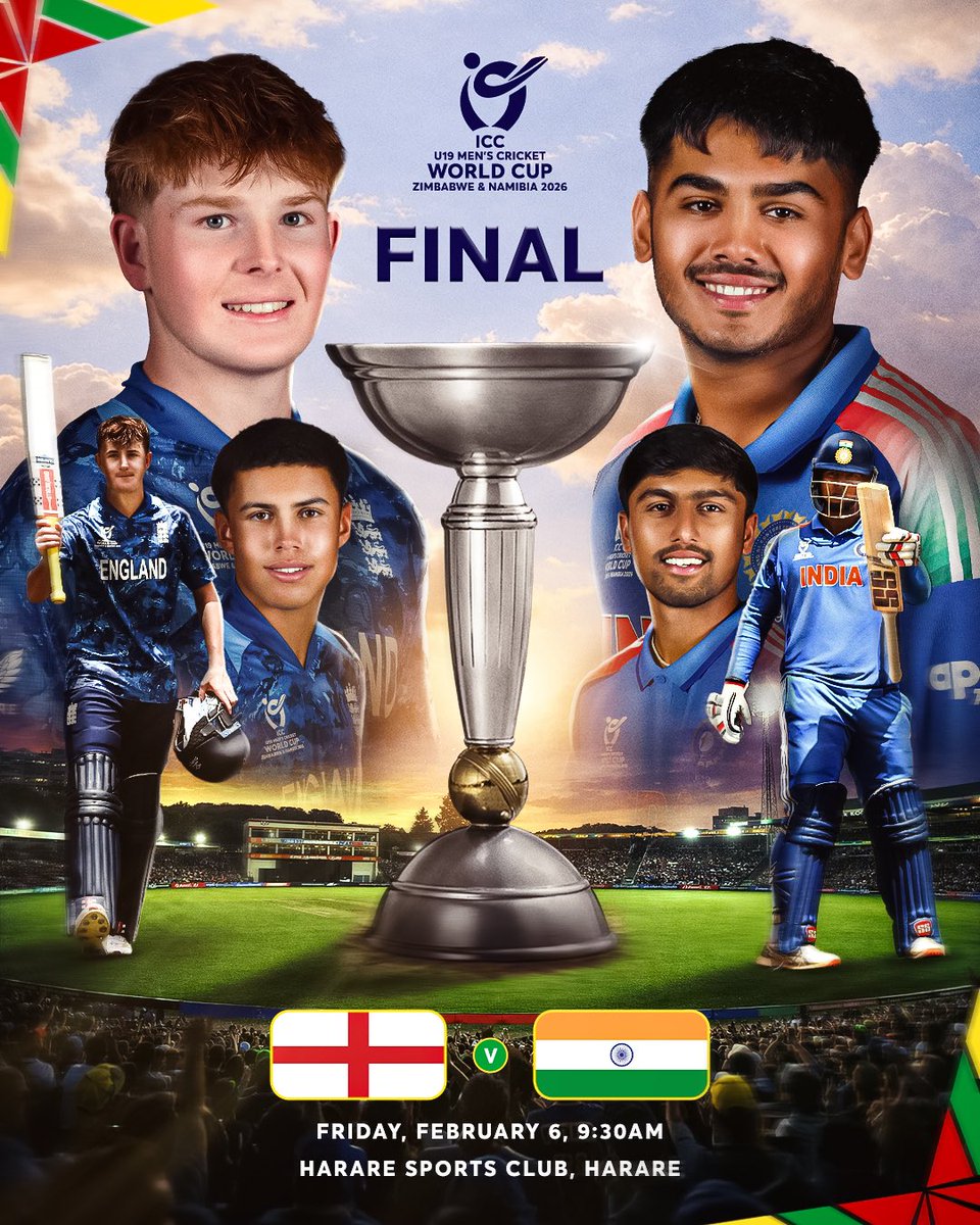 cricketworldcup's tweet photo. It's a tight race to the end for England and India in an unmissable title decider for the 2026 #U19WorldCup 🏆

Don't miss the action. Find out how to watch 👉 https://t.co/4YYv9PToAL https://t.co/ozCGpRkkFM