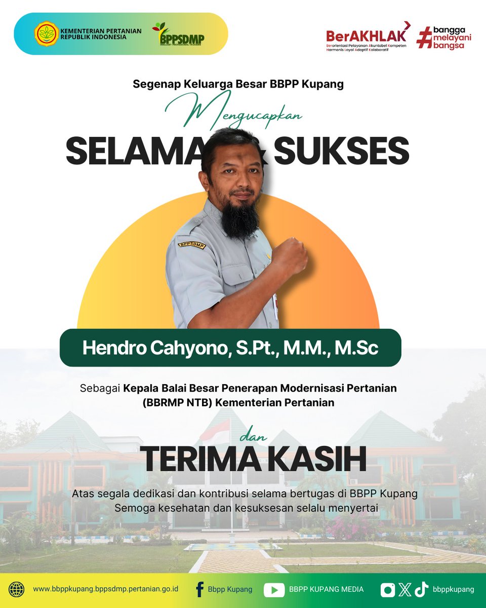 Keluarga besar BBPP Kupang mengucapkan selamat dan sukses. Semoga amanah baru ini membawa keberkahan dan kemajuan bagi pembangunan pertanian Indonesia. Jaya selalu Pertanian Indonesia!

#kementerianpertanian #bbppkupang #pelantikankementan #pertanianmajumandirimodern #bppsdmp
