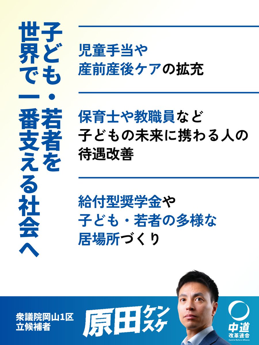 【政策】子ども・若者を世界で一番支える社会へ
子どもや若者が自分らしく挑戦できる社会へ。
30年後に責任を持つ原田ケンスケと、政治をアップデートしましょう！
#岡山1区 #原田ケンスケ #中道改革連合 #衆院選 #子育て