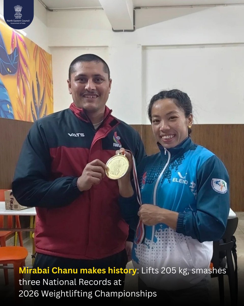 NEC_GoI's tweet image. Historic Feat by Smt. Saikhom Mirabai Chanu!
At the National Weightlifting Championships 2026, she lifted a staggering 205 kg in the women’s 48 kg category, shattering three national records and making Manipur proud once again.

#MDoNERIndia #PrideOfManipur #Weightlifting