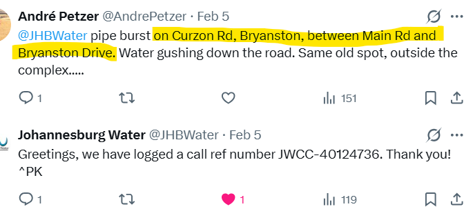AndrePetzer's tweet photo. @JHBWater I'm sure if you drive down the short stretch of road you will find it. Its a BIG stream of water running down the road. But here goes.....its 124 Curzon Rd, Bryanston, Johannesburg, Gauteng, South Africa, Earth...https://t.co/mu0klKq4mj https://t.co/v1ZTKYqCys