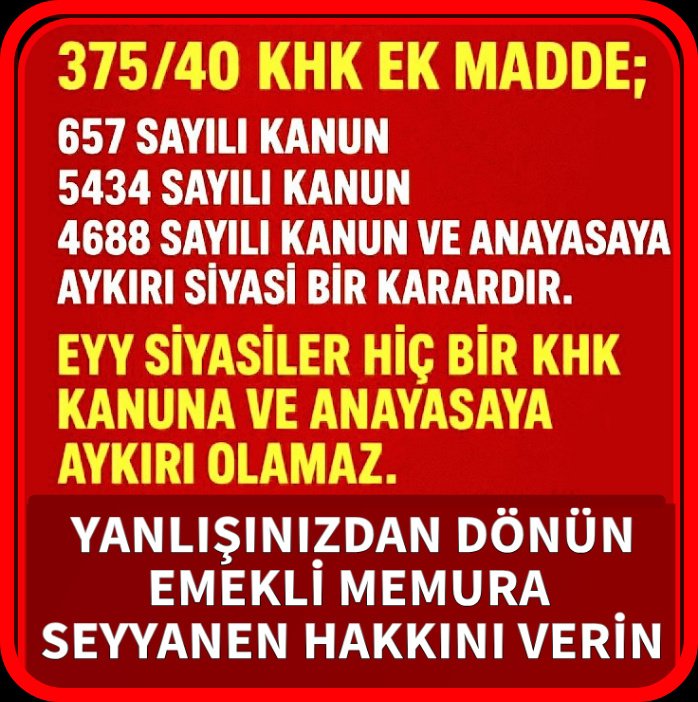 ‼️Siyaset uğruna #EmekliMemur un kanunları <a href="/Akparti/">AK Parti</a> ve <a href="/MHP_Bilgi/">MHP</a> tarafından 375/40 KHK ile yok sayıldı 
‼️<a href="/RTErdogan/">Recep Tayyip Erdoğan</a> sözü yerine gelmedi
‼️<a href="/herkesicinCHP/">CHP 🇹🇷</a> bunu <a href="/AYMBASKANLIGI/">Anayasa Mahkemesi</a> na taşımadı
‼️Ortaya çıkan #AcıGerçek Hükümet yaptı Muhalefet sustu #EmekliMemur a SEYYANEN verilmedi⁉️