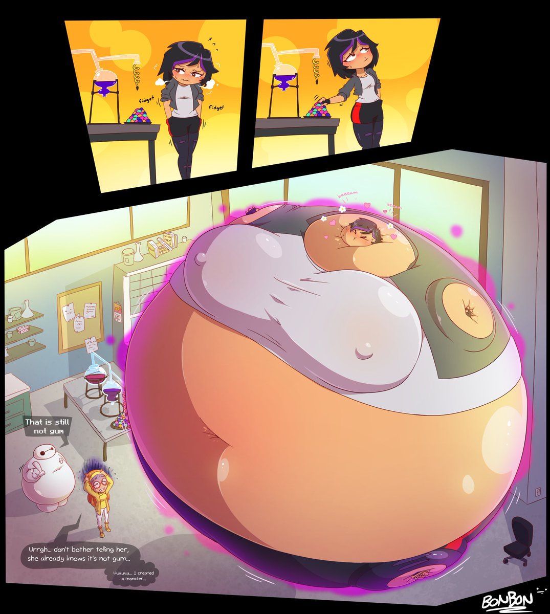 BalloonBunnyBoi's tweet photo. After 7 years of being inflated by Honey Lemon's chemballs, Gogo eventually got used to it, and has even grown to strongly enjoy it
Honey Lemon, on the other hand, isn't too impressed by Gogo's new awakening

Note: ONE. FUCKING. DAY. LATE. >:[ https://t.co/62fiLEjR4P