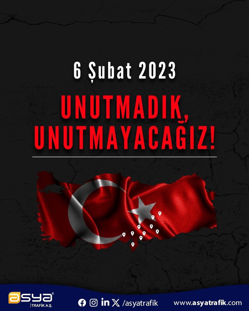 asyatrafik's tweet photo. 6 Şubat’ta yaşanan felakette hayatını kaybedenleri rahmetle anıyor, bu derin acıyı saygıyla paylaşıyoruz. https://t.co/MrKlLMwJLH