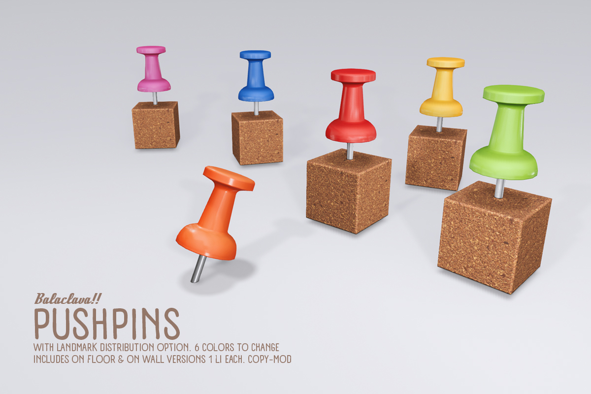 今週のFLFは押しピンです。
2タイプ入り。LMを入れると触った人に配布します(2つ以上入れるとフォルダに入れて配布します)
📍 maps.secondlife.com/secondlife/Bal…