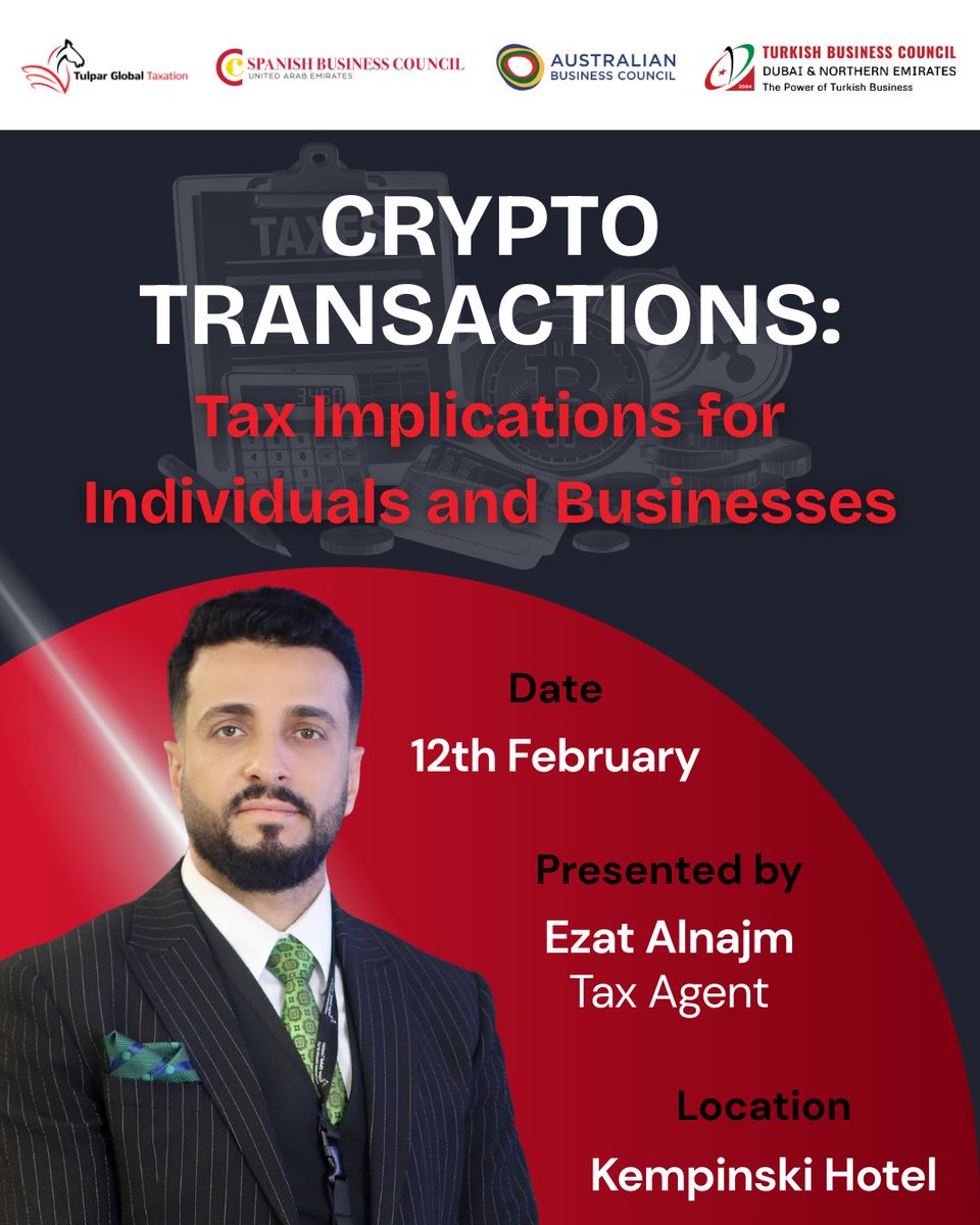 Tax &amp; crypto seminar in Dubai with <a href="/TulparGlobal/">Tulpar Global Taxation</a> about #cryptocurrency in the UAE at <a href="/KempinskiDubai/">Kempinski Dubai</a> 🪙💱

👉 Register now - spanishbusinesscouncil.ae/events/tax-and…

#CryptoTax #CryptoUAE #DubaiCrypto