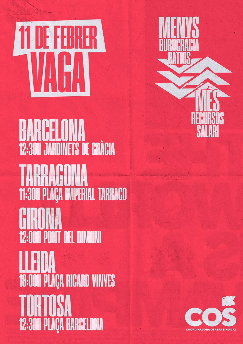 ✊ Dimecres 11 de febrer les treballadores de l’educació anem a la #VagaEducativa.

🚩 Organitza’t amb les teves companyes de centre i participa dels piquets, accions convocades i mobilitzacions unitàries.

🔗 Només lluitant tenim futur: sindicatcos.cat/a-leducacio-pu…