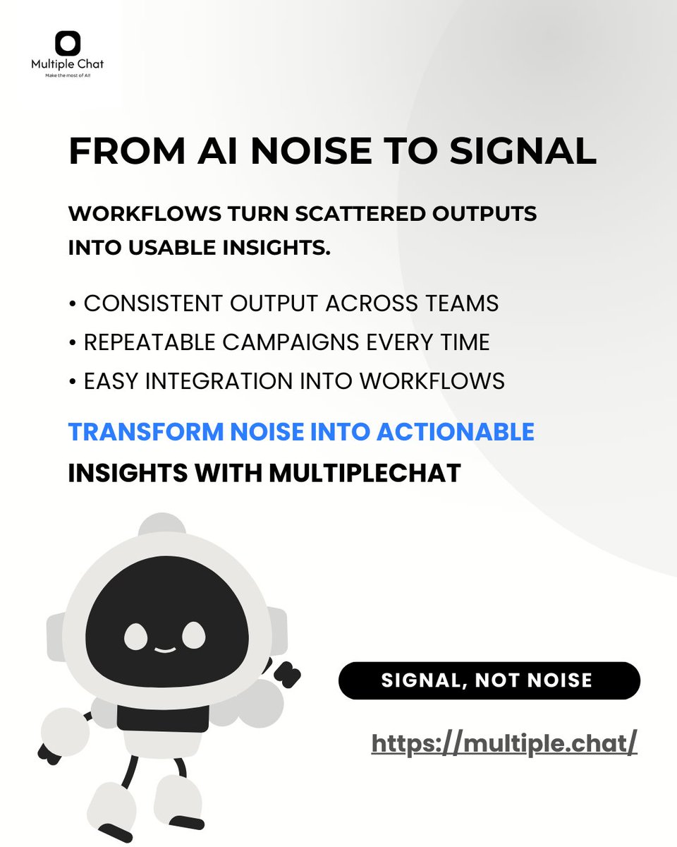 ai_multiplechat's tweet photo. Systems turn AI noise into signal.

With MultipleChat workflows, AI outputs stay aligned, repeatable, and campaign-ready.

#AIWorkflows #MarketingTech #Productivity #MultipleChat https://t.co/OTJ11AOGII