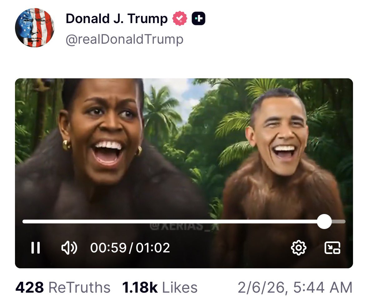 Der Präsident der Vereinigten Staaten postet ein Video, das seinen schwarzen Vorgänger und seine Frau als Affen zeigt.

Kann man natürlich machen … wenn man ein rassistischer Dummkopf ist.