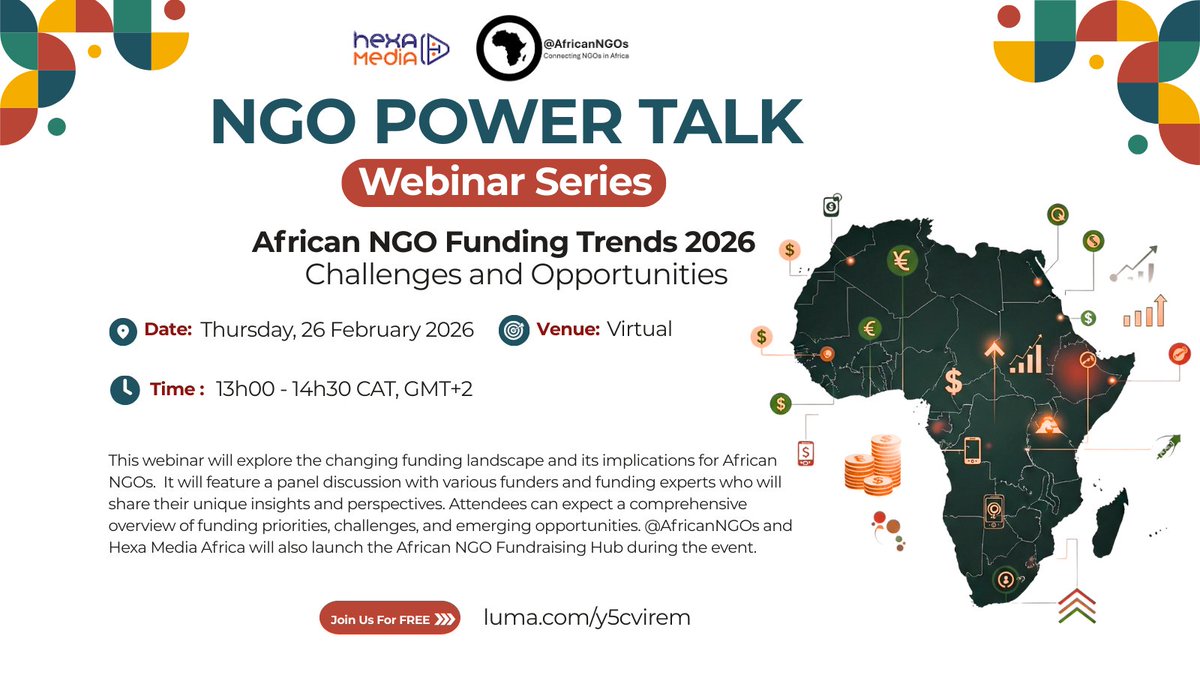 africanngos's tweet photo. Webinar Invitation - join @AfricanNGOs &amp; @Hexamediaafrica on Thursday, 26 February 2026, for our next NGO Power Talk titled "African NGO Funding Trends 2026: Challenges and Opportunities.” For more information and to register 👉🏾 https://t.co/mmqWnLnpSh #AfricanNGOs #NGOfunding https://t.co/mwfG6xWatl