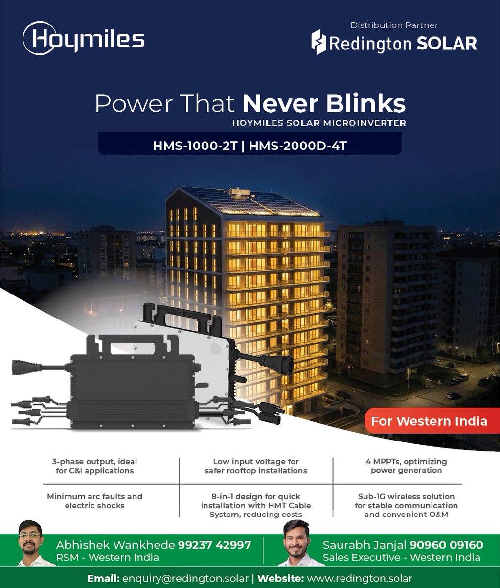 Redington_solar's tweet image. Power that never blinks.
Hoymiles Solar Microinverters for C&amp;amp;I — 3-phase output, 4 MPPTs, low input voltage &amp;amp; faster installations with 8-in-1 design.
Now available Pan-India with Redington Solar.
#Hoymiles #RedingtonSolar #Microinverter #CAndISolar #WesternIndia