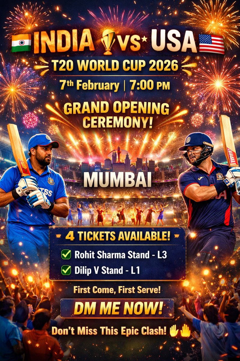 Rushi0005's tweet photo. 🇮🇳🔥 INDIA 🇮🇳 vs 🇺🇸 USA 🔥🇺🇸
🏏 T20 WORLD CUP 2026 🏆
📅 7th February
⏰ 7:00 PM
🎉 With Grand Opening Ceremony
📍 Venue: Mumbai 🌆
🎟 4 TICKETS AVAILABLE
✅ Rohit Sharma Stand – L3
✅ Dilip V Stand – L1
⚡ First Come, First Serve!
#IndiaVsUsa 
#icct20worldcup2026 https://t.co/gL1me2rgyH