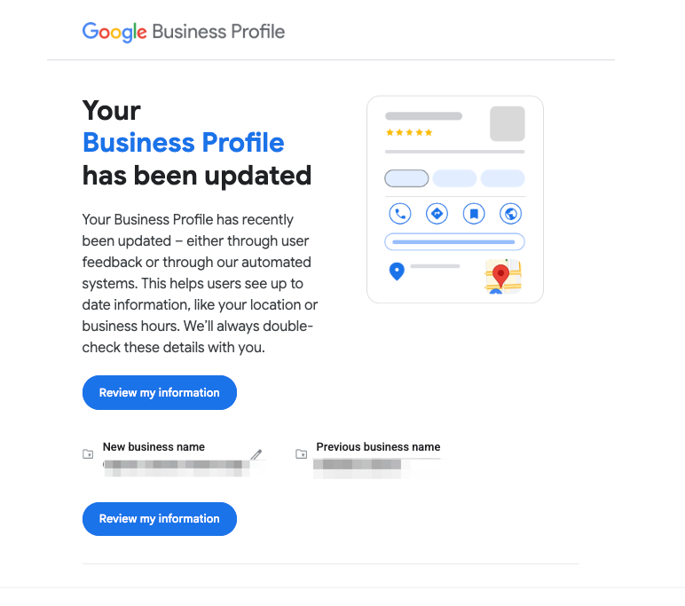 Yesterday afternoon we received several "your profile has been updated" emails from GBP, from different clients. All of the changes were for the name of the business.