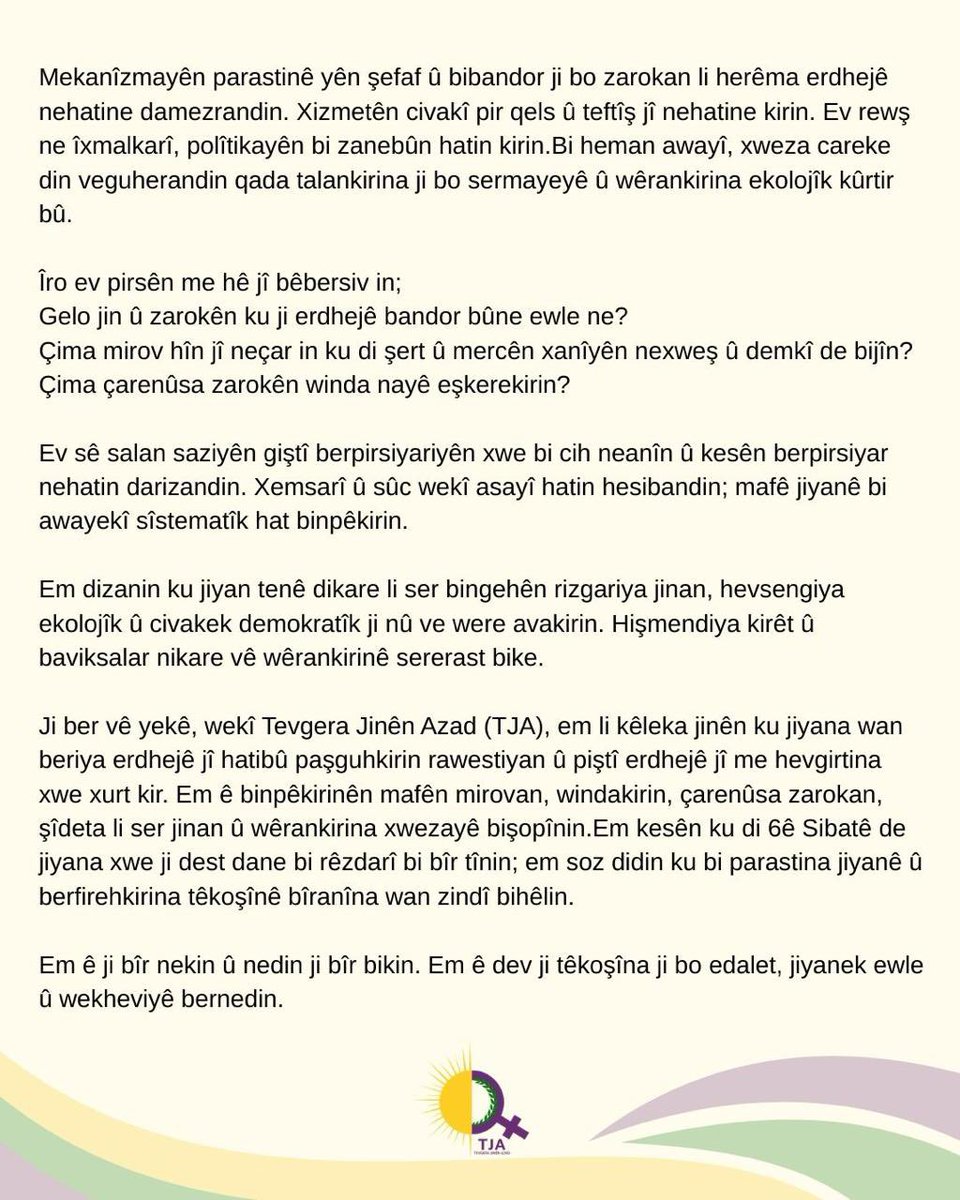 “6 Şubat’ta yaşamını yitirenleri saygıyla anıyor; anılarını yaşamı savunarak ve mücadeleyi büyüterek yaşatacağımızın sözünü veriyoruz.”

“Em kesên ku di 6ê Sibatê de jiyana xwe ji dest dane bi rêzdarî bi bîr tînin…”