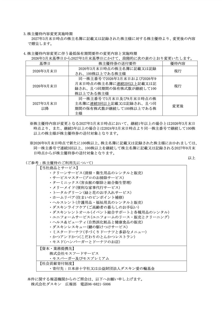 株主優待 #ダスキン（4665） 株主優待制度の変更に関するお知らせ 開示