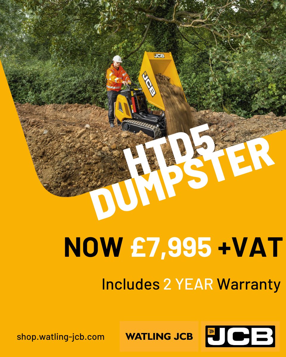 Watling_JCB's tweet photo. JCB HTD-5 Tracked Dumpster now ยฃ7,995 + VAT.
Compact, powerful and ideal for tight access sites, with tracked stability and a high-tip skip for efficient loading. Includes a 2-year warranty.
Buy online now ๐ https://t.co/NmUcUXQvHc
#WatlingJCB #JCB #HTD5 https://t.co/Iw68MwdQxg