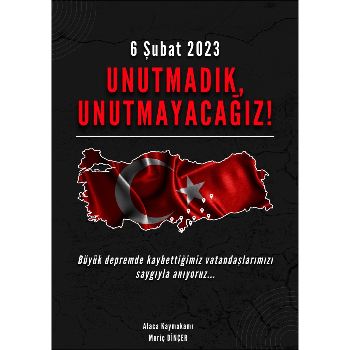 KAYMAKAMIMIZ SN.MERİÇ DİNÇER'İN 6 ŞUBAT DEPREMİ ANMA MESAJI
6 Şubat'ta yaşanan ve asrın felaketi olarak hafızalarımıza kazınan depremde hayatını kaybeden vatandaşlarımıza Allah'tan rahmet, yakınlarına sabır ve başsağlığı diliyorum.