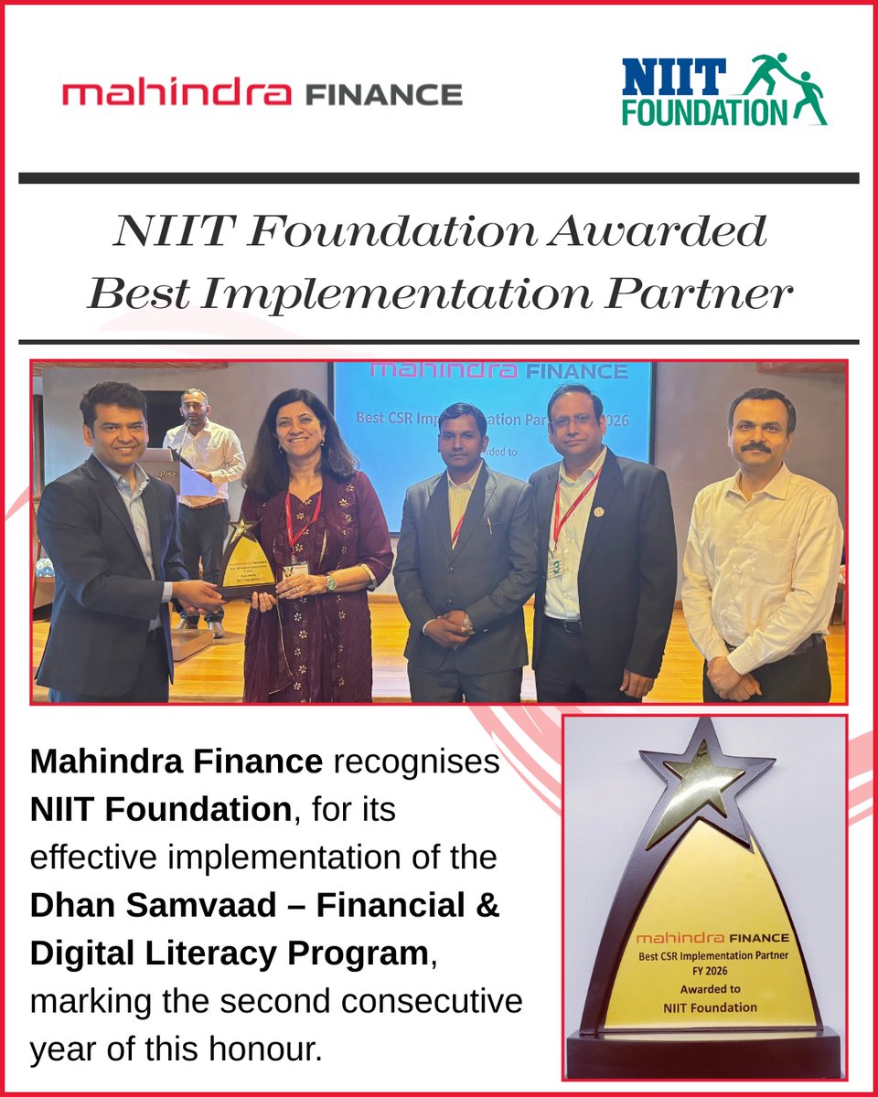 Best CSR Implementation Partner Award

NIIT Foundation has received the Best CSR Implementation Partner – FY 2026 Award from Mahindra Finance at the Annual Implementation Partners Meet for the second consecutive year, recognizing the successful implementation of the Dhan Samvaad