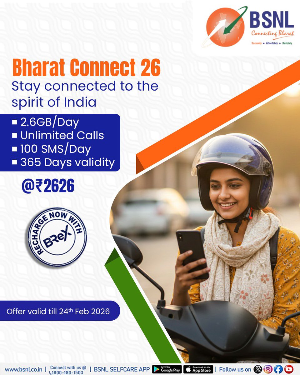 Stay connected to the spirit of India! 🇮🇳
Bharat Connect 26 plan—designed for those who need seamless connectivity to power their daily journey. 

2.6GB/Day data, Unlimited Calls &amp; 100 SMS/Day
365 Days of uninterrupted validity

All this for just ₹2626. Recharge smart via #BReX