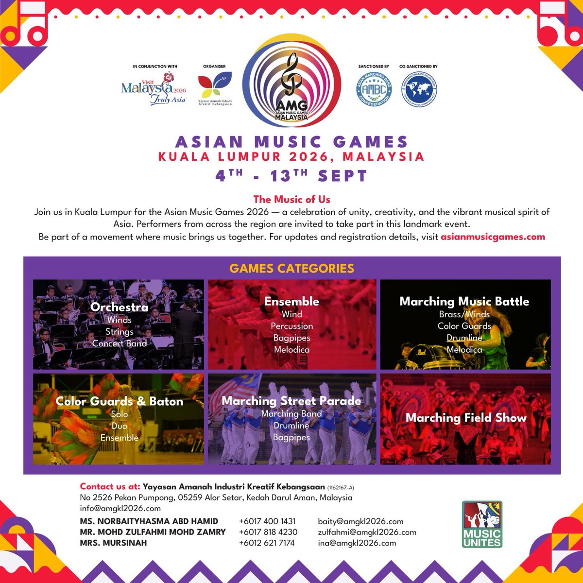 「シェア大歓迎」
東南アジア最大のマーチング大会、Asian Music Games 2026が９月４〜１３日にマレーシア、クアラルンプールで行われます。
インディビジュアルの大会からあらゆるカテゴリでコンテストが行われます。
最短で２泊４日もしくは３泊４日からご参加いただけます。
詳しくはDMで。