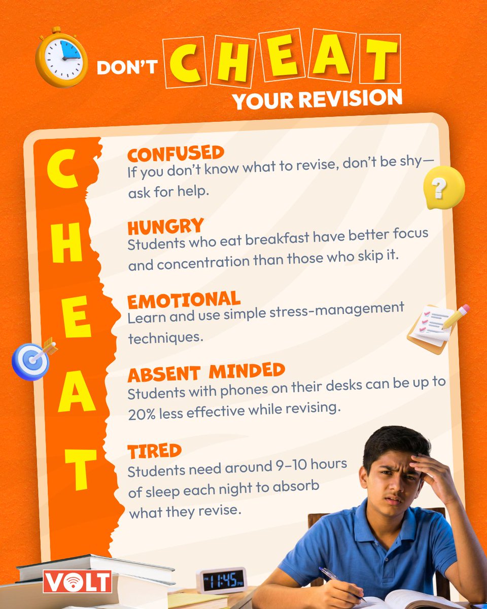 VOLTLearning's tweet photo. Don’t cheat your revision.
If you’re confused, hungry, emotional, distracted, or tired — your brain simply won’t absorb what you study.
Good revision starts with good habits, not just good notes. 📚

#RevisionTips #StudyHacks #StudentStudyTips #RevisionTime #VOLTLearning https://t.co/F7g0qulH9C