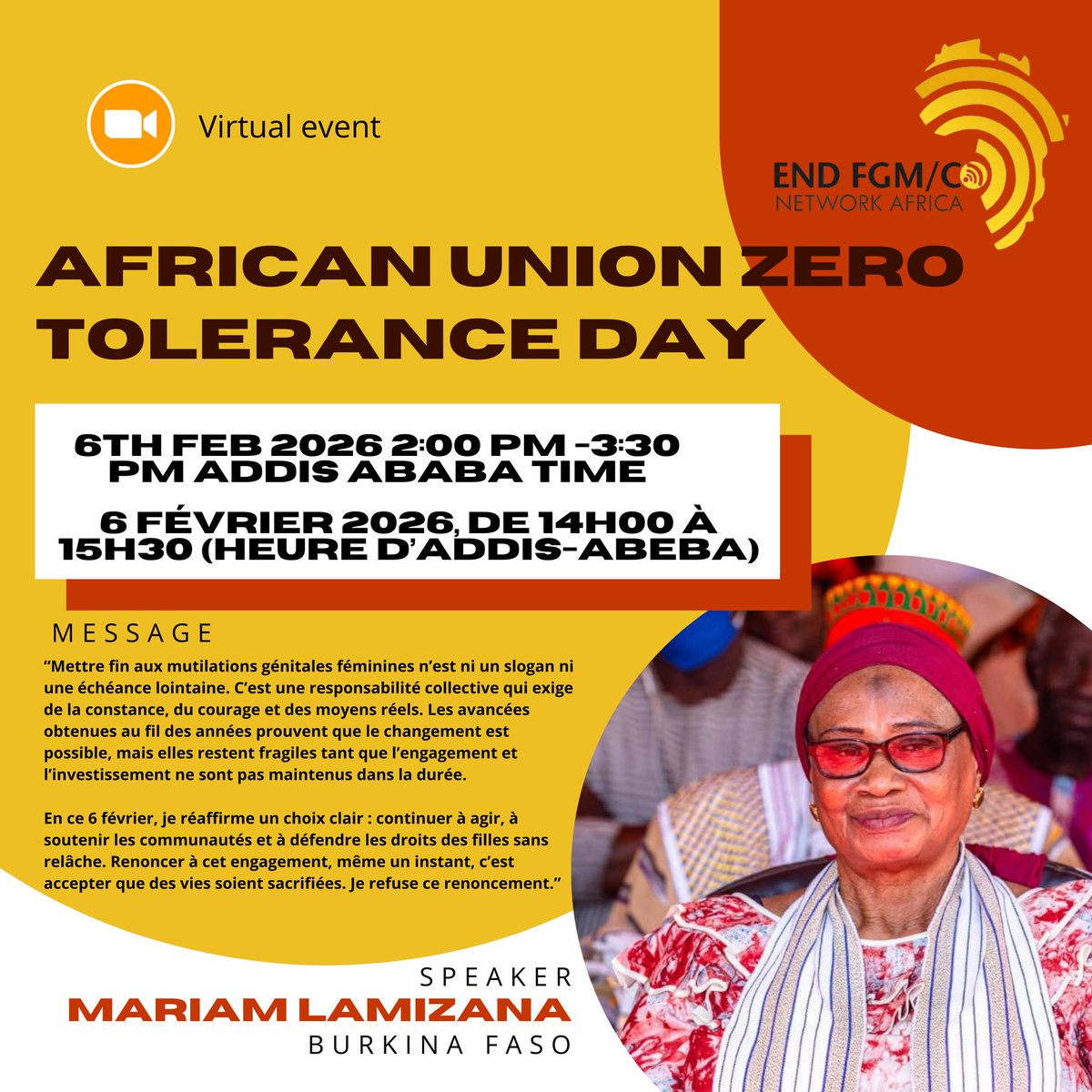 endfgm_africa's tweet photo. 🎙️ Mme Mariam Lamizana will represent End FGM/C Network Africa at the AU Continental Virtual Panel marking the International Day of Zero Tolerance for FGM.
🗓 6 Feb 2026 | ⏰ 14:00–15:30 (Addis) | 
🌍 EN/FR
🔗 Register: https://t.co/FAEQqsqOOB
#EndFGM #ZeroToleranceDay https://t.co/w43inS9vzq
