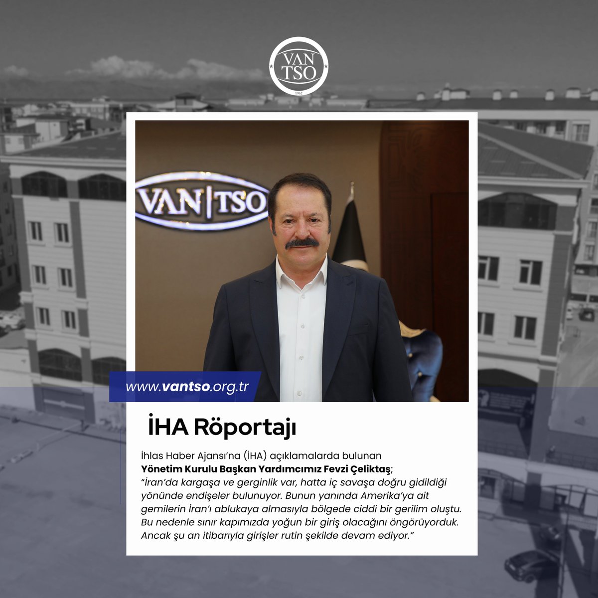 Yönetim Kurulu Başkan Yardımcımız Fevzi Çeliktaş, İhlas Haber Ajansı'na açıklamalarda bulundu.

AYRINTILAR ⤵️
vantso.org.tr/haberler/11575…

<a href="/fevzi_celiktas/">Fevzi ÇELİKTAŞ</a> <a href="/NecdetTakva/">Necdet Takva</a>