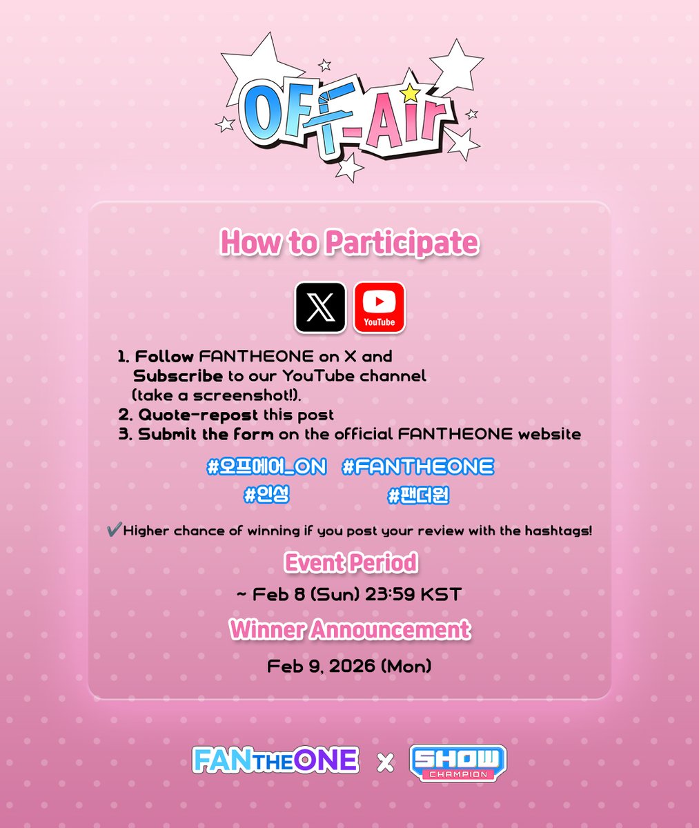 FanTheOne_X's tweet image. 📸 OFF Air Polaroid Presentation Event
Capture a special off-air moment✨
Get a limited Polaroid with 인성!

See the image below for details on how to participate❤️
🔗Entry link
fantheone.com
⚠️Participation will not be valid without submitting the application form.…