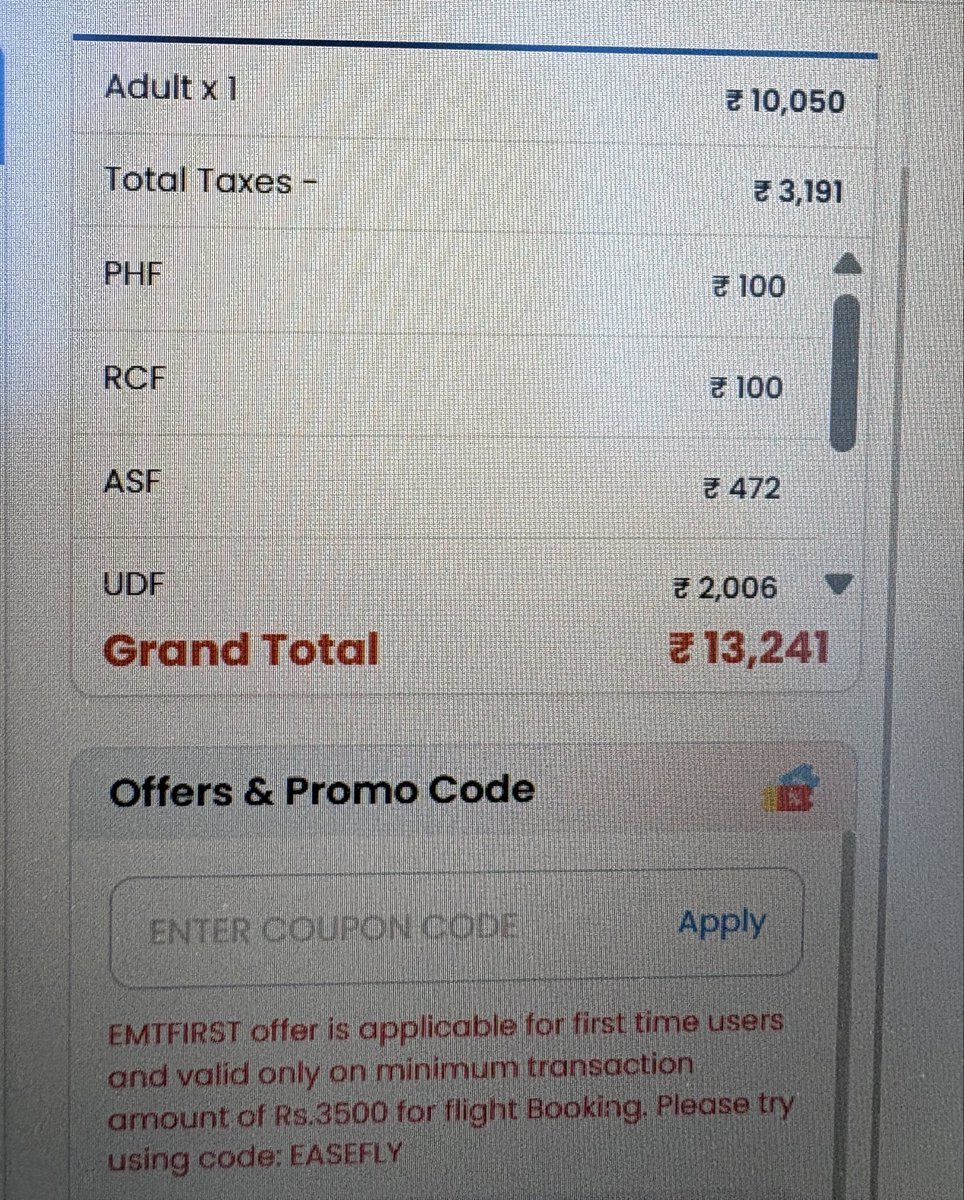 apanda73729's tweet photo. I was trying to book a flight recently. Then I saw the price breakdown. The ticket price is Rs. 10,000 and taxes are Rs. 3,000. It is almost 40% of the ticket price. @MoCA_GoI @RamMNK @IndiGo6E @EaseMyTrip 
May be this is the perfect aaawwww timing for middle class. @nsitharaman https://t.co/OtZUuOrcR7