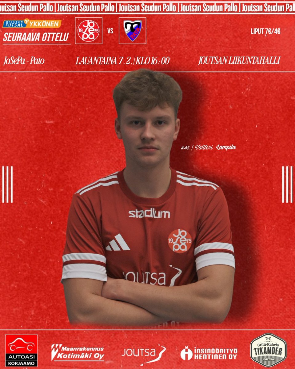 Huomenna. Hallille isolla porukalla! 🔥🔴⚽

JoSePa 🆚 Pato
🗓️ La 7.2.
📍 Joutsan liikuntahalli
🕓 Klo 16:00
🎟️ 7€/4€

Tervetuloa kannustamaan JoSePa voittoon, nähdään hallilla! 👋🏻👏🏻🤩

#futsalfi #joutsa