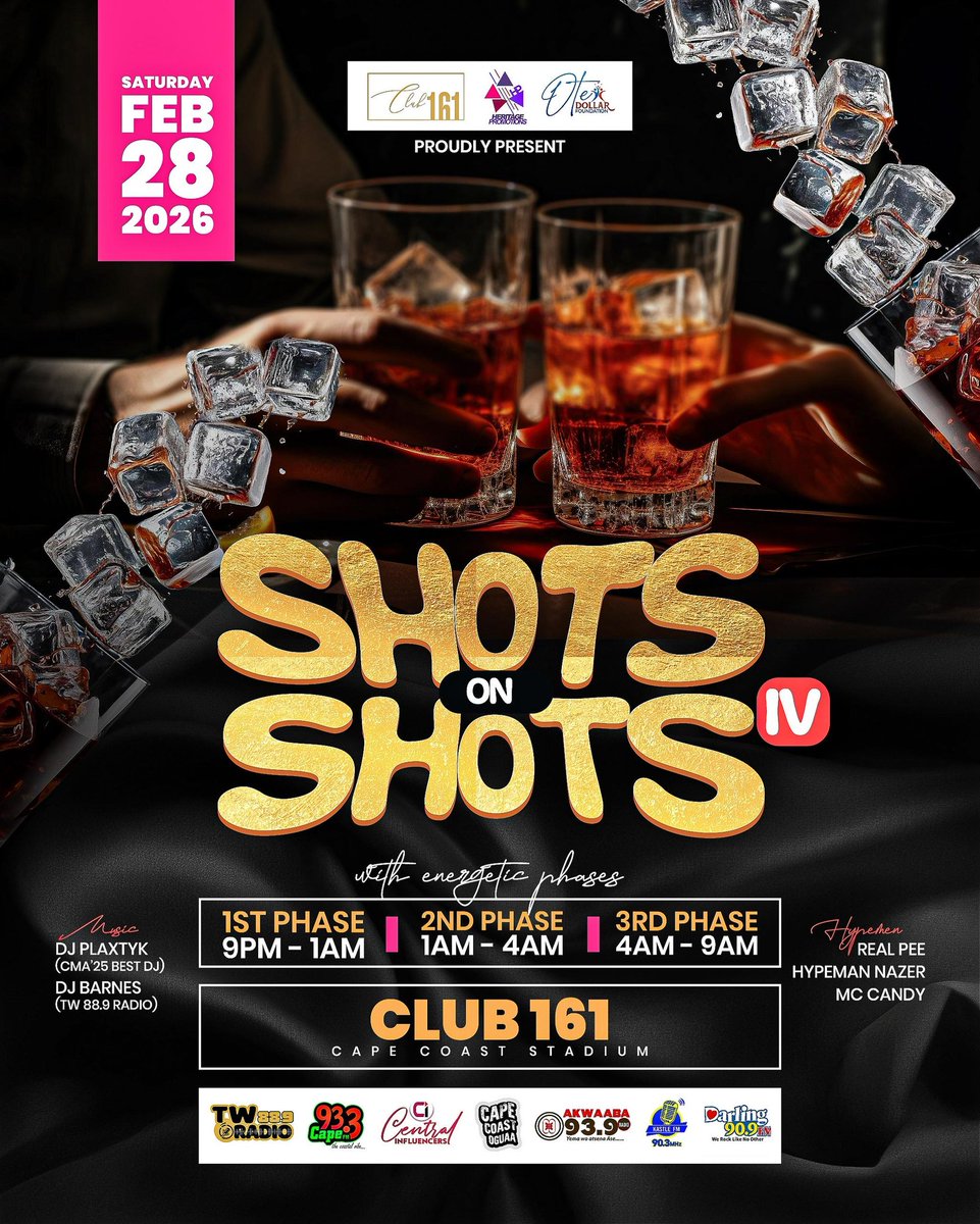 Three phases. One long night. Endless memories. Shots on Shots IV kicks off at 9PM and doesn’t stop till sunrise.
We toast to sound, movement, and moments you’ll talk about long after.
Cape Coast, this isn’t a regular night out…