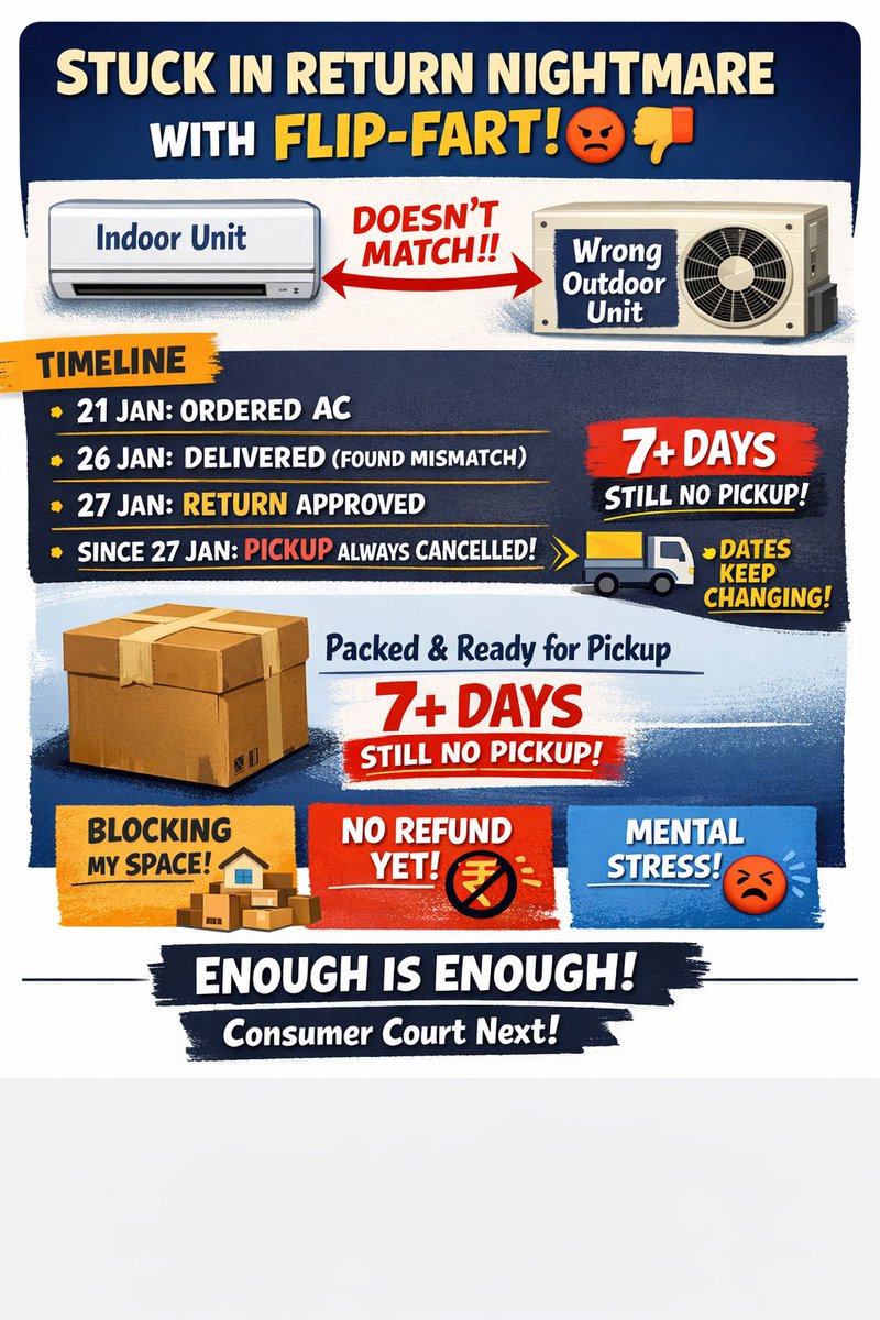 Ordered AC from <a href="/flipkartsupport/">FlipkartSupport</a> <a href="/Flipkart/">Flipkart</a> OD436584436746115100. Wrong units delivered. Return approved Jan 27. Pickup cancelled for days. No refund. Product lying packed. Enough. Consumer Court next. #CustomerRights