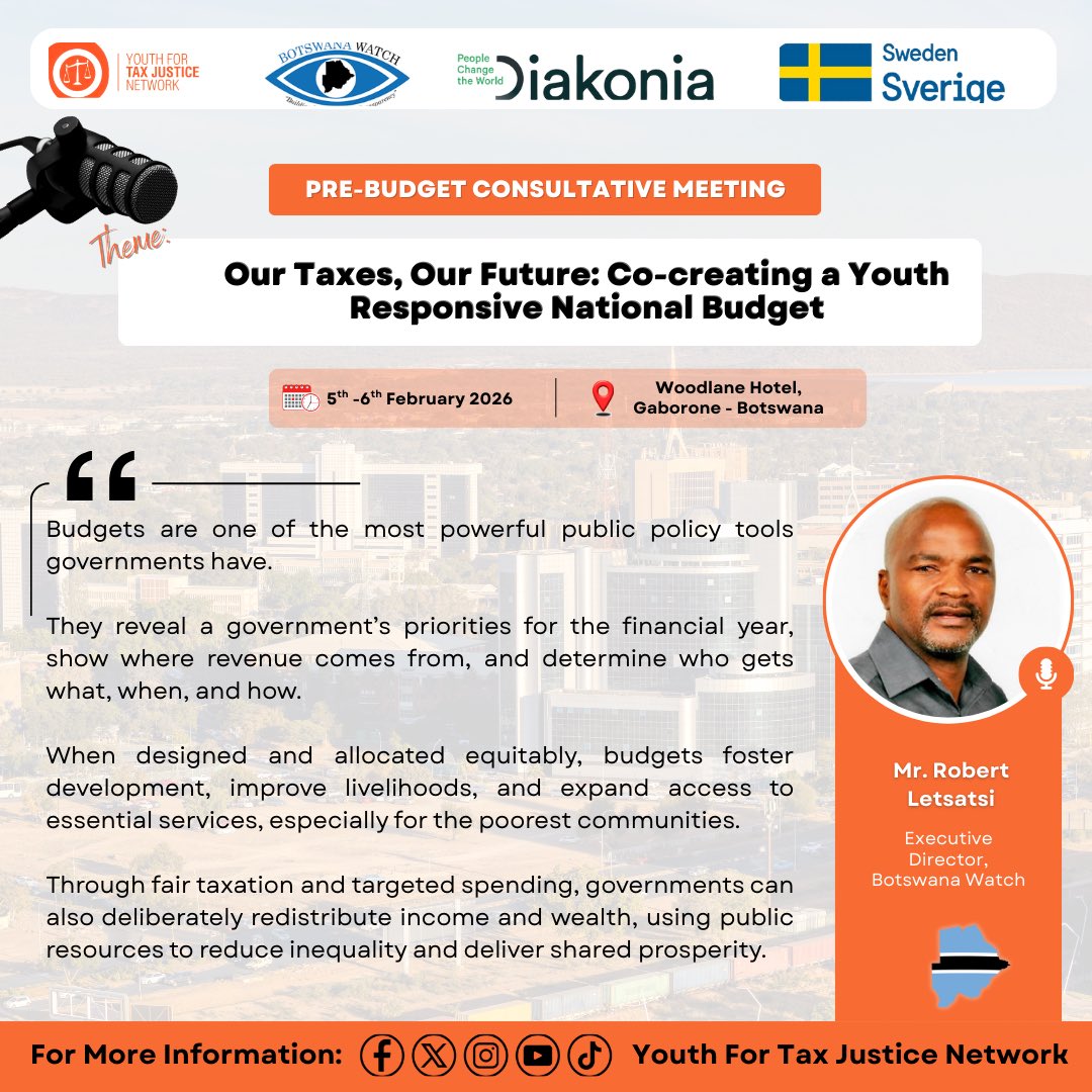 Youth_TJN's tweet photo. 📍Gaborone, Botswana 🇧🇼 

Top Highlights from the FY 2026/27 Pre-Budget Consultative Meetings👇🏾

👨🏾‍🏫| Presentation by Mr. Robert Letsatsi, Executive Director of @BotswanaWatch. 

#PresentationTheme: Identified Gaps in the Budget Process

First, let’s begin by understanding why budgets are important. 

A Thread 🧵👇🏾