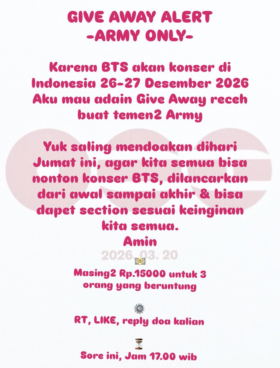 GIVE AWAY ALERT
-ARMY ONLY-

Yuk saling doain yaa 💜💜💜

⬇️⬇️⬇️