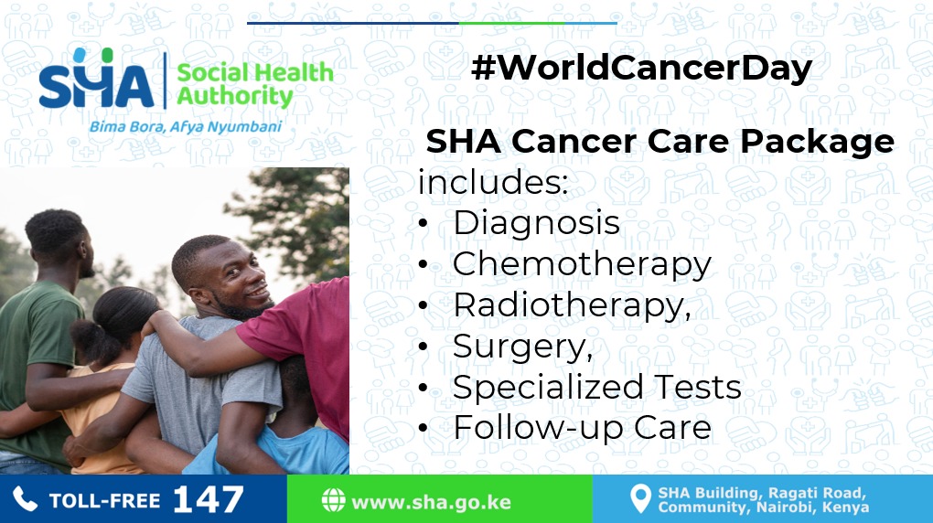 BrianKevinKe_'s tweet image. On #WorldCancerDay, Social Health Authority strengthens access to cancer treatment nationwide. Diagnosis, chemotherapy, radiotherapy, surgery covered under SHA. Affordable care for all Kenyans. Jisajili Leo #SHACancerCarePackage through inclusive public partnerships