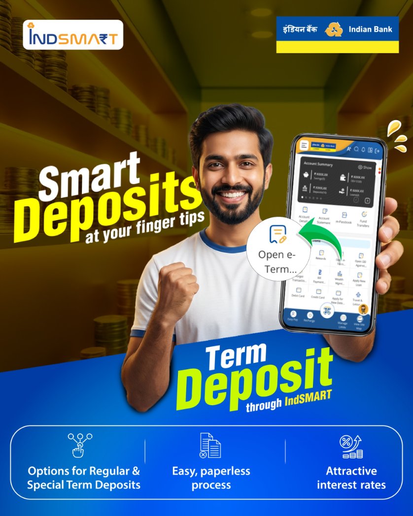 MyIndianBank's tweet photo. Put your surplus funds to work instantly. Open Term Deposits anytime, anywhere with ease through the IndSMART App. Download now!
Android - https://t.co/a7K6rxTOZn
iOS - https://t.co/rZQMCYQNzt
#IndianBank #IndSMART #BeSmartBankSmart https://t.co/gPPD5O6cFc