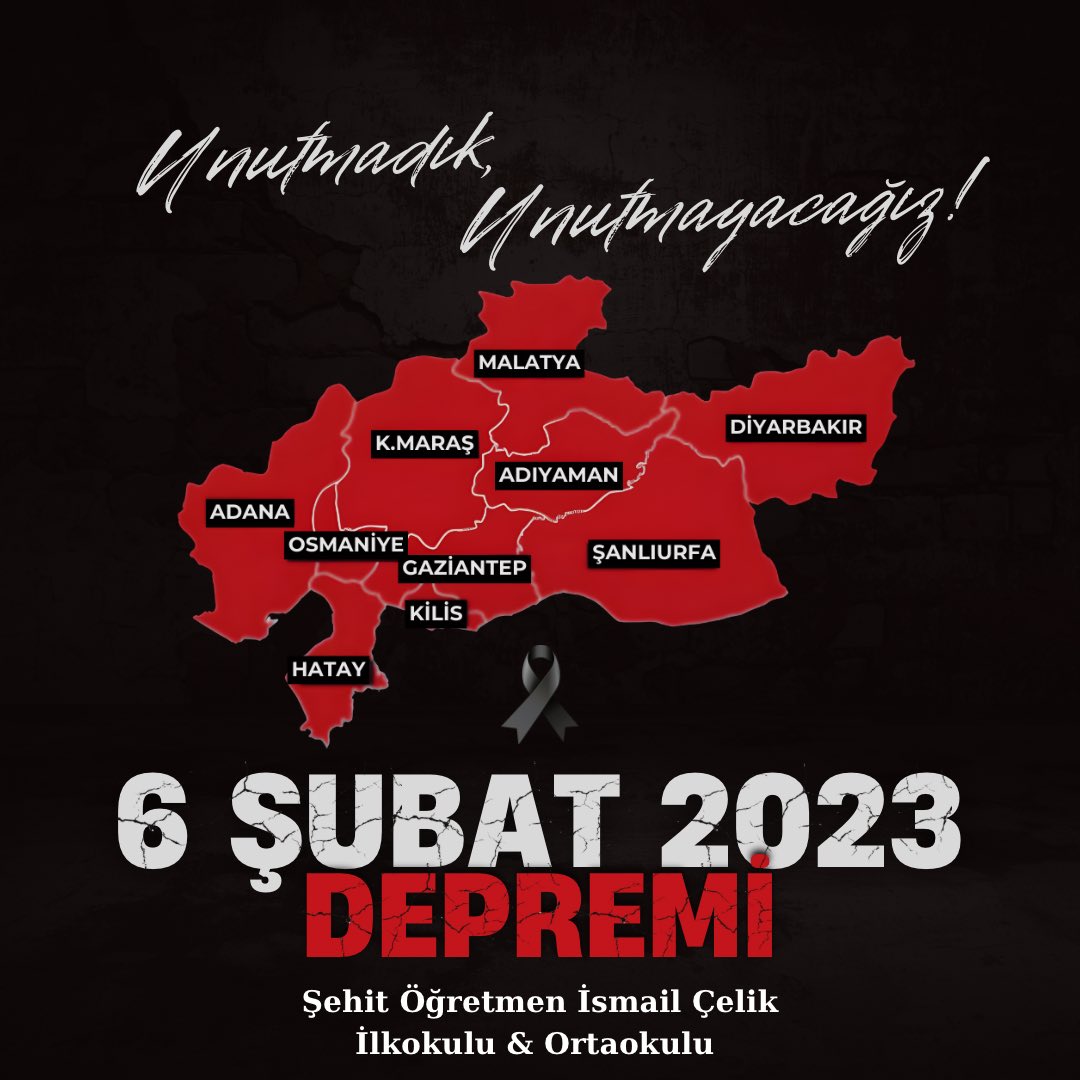 6 Şubat…
Asrın felaketi olarak hafızalarımıza kazınan 6 Şubat depremlerinde hayatını kaybeden vatandaşlarımızı rahmetle anıyor, yakınlarına ve milletimize bir kez daha başsağlığı diliyoruz.
Unutmadık, unutmayacağız. <a href="/mem_siirt/">Siirt İl Millî Eğitim Müdürlüğü</a> <a href="/saz_ilhan/">ilhan SAZ 🇹🇷</a>