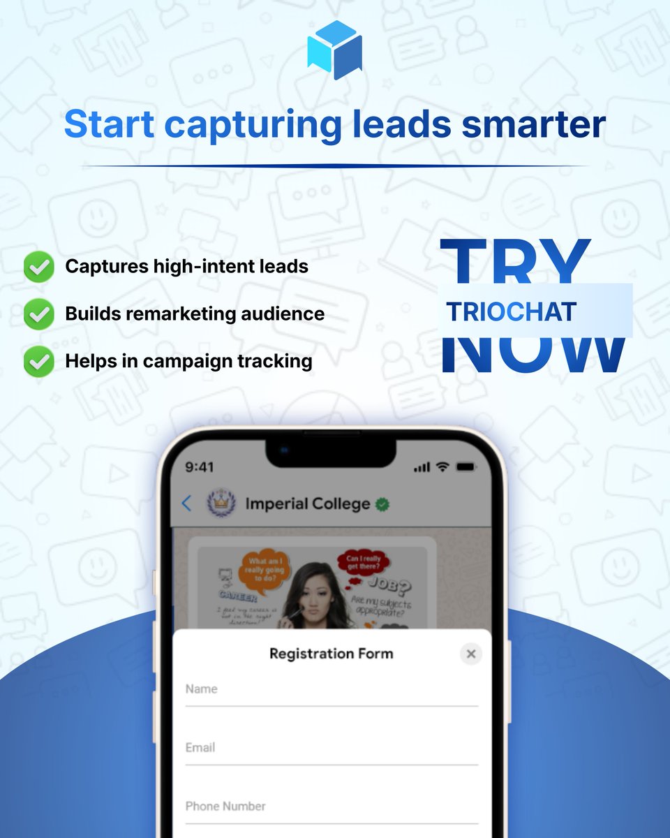 triochatio's tweet photo. Stop sending leads to long forms.
Capture them directly on WhatsApp.
Book demos. Qualify buyers. Convert faster.

#WhatsAppMarketing #LeadGeneration https://t.co/YYs0cGrGUa